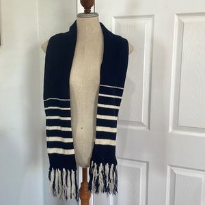 Vintage montage scarf knit navy blue white stripes Fringe unisex one size